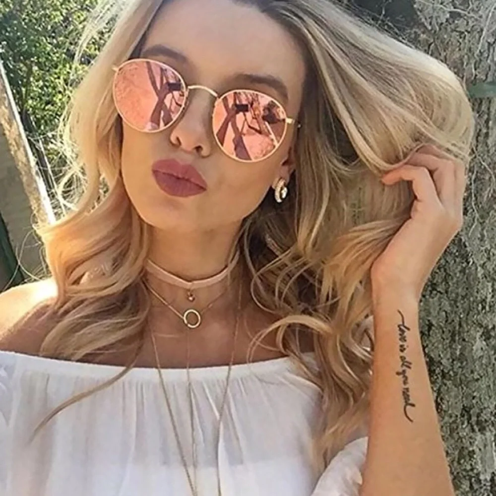 Retro Rose Pink Round Lens Gold Frame Sunglasses - Picture 1 of 5